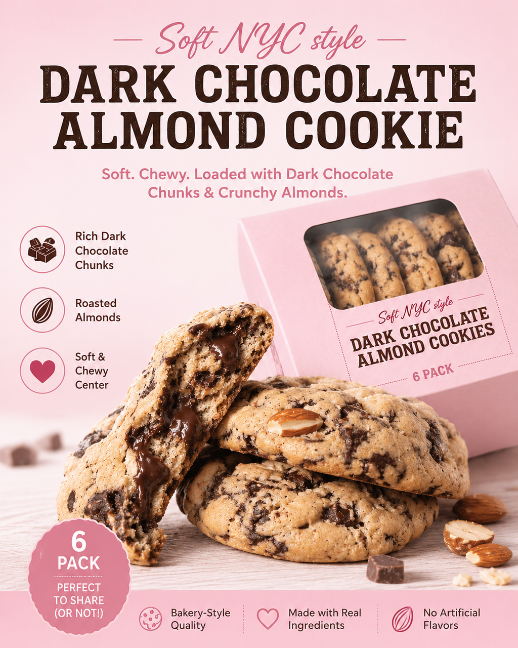 Soft NYC Style Dark Chocolate Almond Cookie (Box of 6)